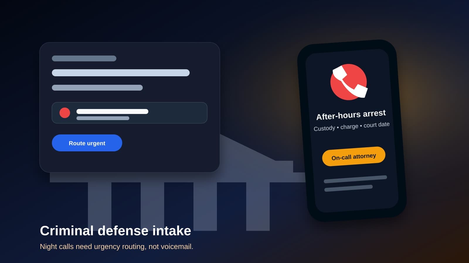 A nighttime criminal defense intake scene with courthouse silhouette and urgent after-hours call