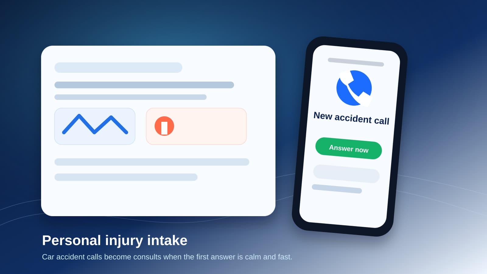 A personal injury intake dashboard and incoming accident call in a modern blue law office visual